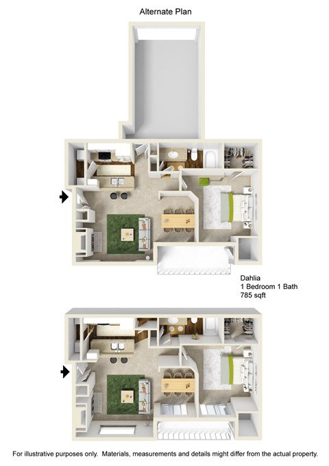 Floor plan for 1 bed, 1 bath, 785 sqft